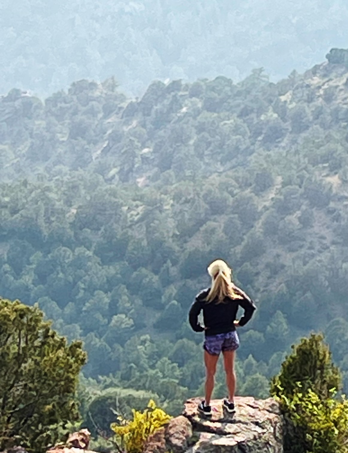 Person with blonde hair standing on a rock overlooking a forested mountain landscape, hands on hips, wearing shorts and a jacket.