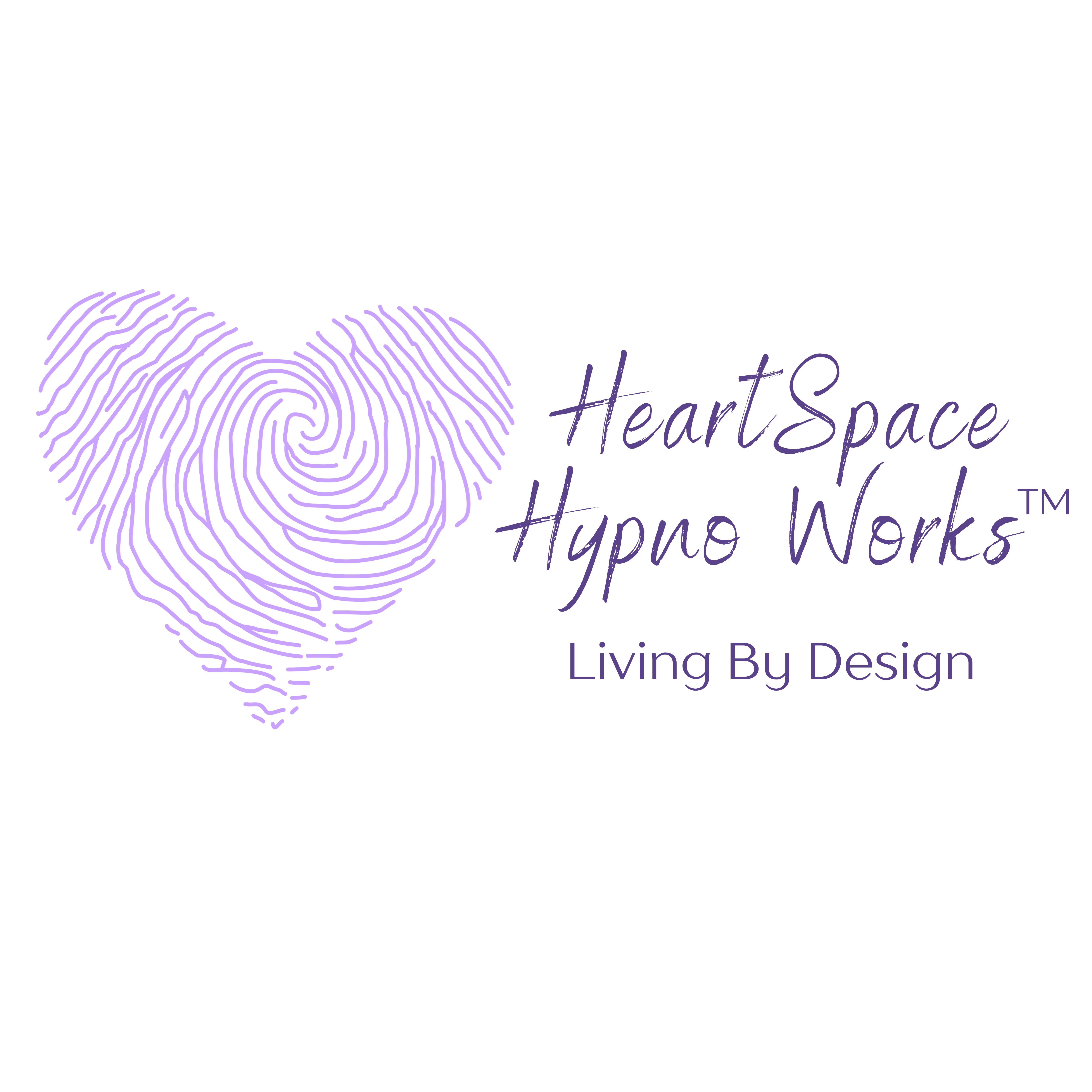 Purple fingerprint heart with text 'HeartSpace Hypno Works' and 'Living By Design'.