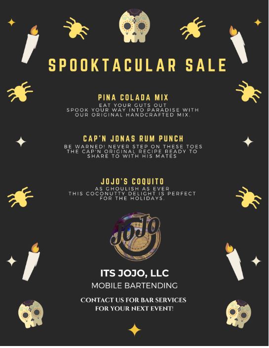 Black background with Halloween-themed icons, yellow text, and a JoJo's Bizarre Adventure logo, promoting a spooky sale event.