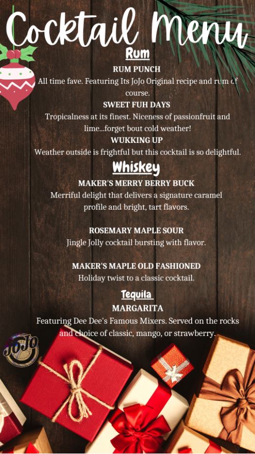Cocktail menu with various drink names and descriptions, decorated with gift boxes and a bow, on a dark background.